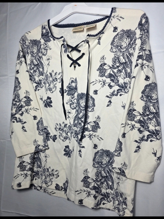 St. John's Bay Tops - St. John's Bay Cream Top with Navy Trim and Lace-Up Neck Medium Cottagecore Y2K